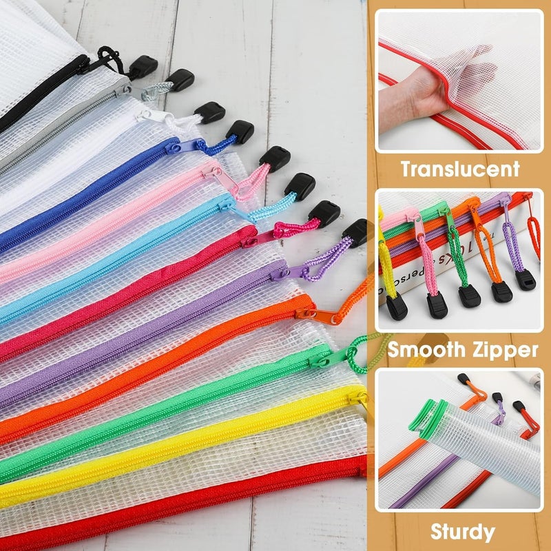 Umriox Mesh Zipper Pouch Bags, A4+A5+A6 (12 Colors, 36 Pack), Mesh Bags with Zipper, Storage Bags, Zipper Bags for Office Supplies Travel Storage - Image 5